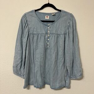 Levi's Chambray Blouse Women Large‎ Light Blue Excellent Puff Sleeve Boho Top
